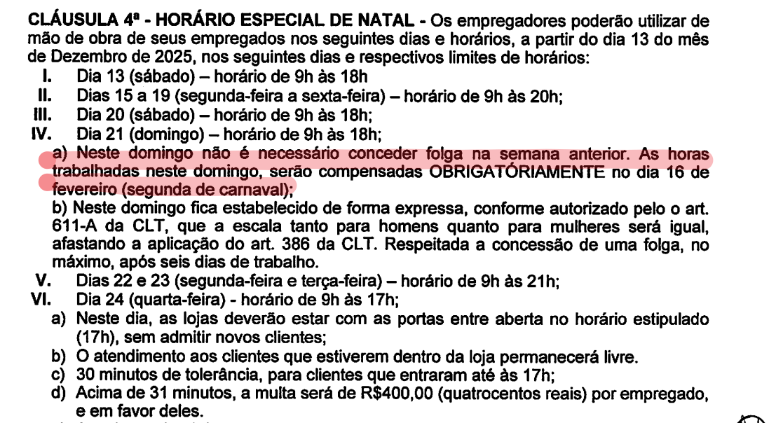 CLÁUSULA 4ª ADITIVO HORÁRIO DE NATAL 2025